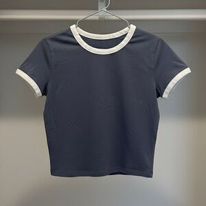 Hollister Blue White Ringer Crop Top Tee Shirt Retro Trim Y2K Style Size S